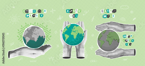 Earth day halftone collage elements set. Hand holding planet globe Mother Earth. Environment, nature conservation concept. Trendy newspaper paper cut out sticker, doodle. Sustainable future Y2k style