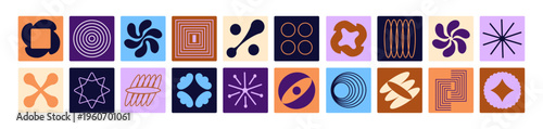 Set of abstract geometric elements, shapes in square frames. Collage in Brutalism style. Bauhaus icons, covers, retro badges with figures, forms, lines and curves. Flat isolated vector illustrations