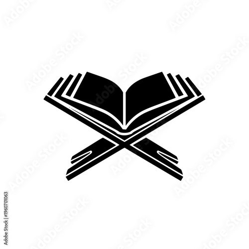 Minimalist flat vector icon of an open Quran on a wooden book stand or rehal.