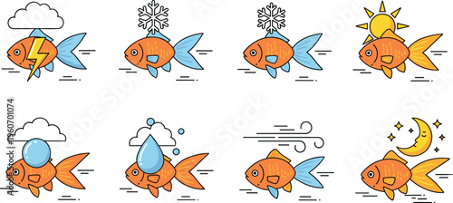 Fish environmental effects illustration set showing temperature weather and day night changes impacting aquatic life in flat cartoon style isolated on white background