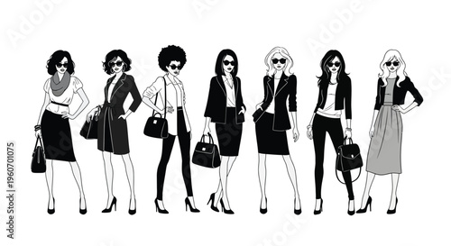 Diverse group of fashionable businesswomen showcasing various contemporary chic outfits and professional accessories standing together in a stylish collection illustration.