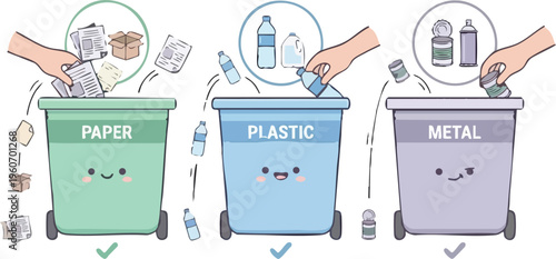 Web Kawaii Recycling Bins Vector Set – Cute Waste Sorting Icons for Paper, Plastic, and Metal: Earth Day Educational Illustrations for Kids and Sustainable Living