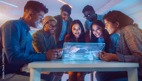 Gen-Z Startup Team Collaborating Around Minimalist Desk with Transparent Display