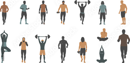 Fitness and wellness activity set with running yoga meditation strength training and workout exercises in modern flat style isolated on white background