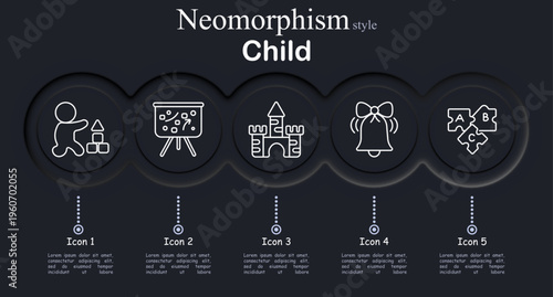 Child set icon. Neomorphic dark interface circles with line symbols of kid building blocks, classroom board chart, castle toy structure, ringing school bell, alphabet puzzle pieces