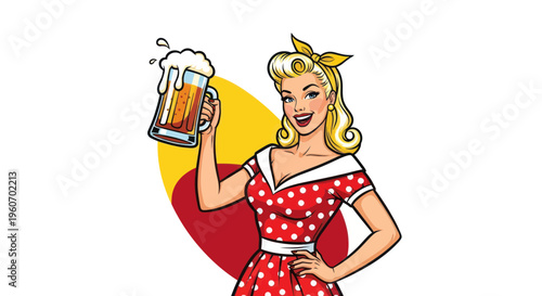 Retro Pin-up Woman Holding Beer Mug, 1950s Style Illustration