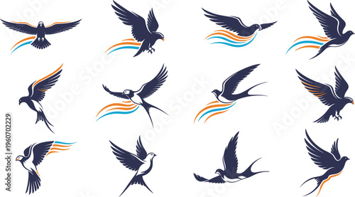 Flying bird logo set with swallow eagle and abstract wing icons dynamic modern branding collection isolated on white background