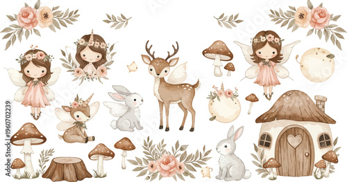 Whimsical forest creatures and plants with fairies and animals in a magical setting