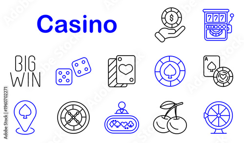 Casino gambling set icon. Line style icons display big win text, dice cubes, playing cards, poker chip, slot machine, ace cards, roulette chip, location spade, wheel game, dealer table