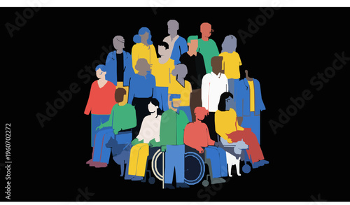 Diversity and inclusion people group unity concept flat vector illustration on black background