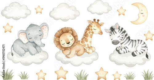 Whimsical illustration of jungle animals on clouds with stars and grass