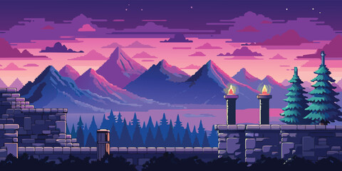 Papier peint photo Prune A vibrant digital art illustration featuring a large sunset over a range of purple pyramid mountains  © CreativeKamrul