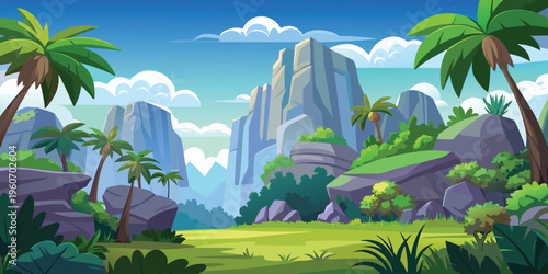 A minimalist flat vector illustration of majestic mountain peaks during a serene golden sunset