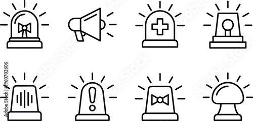 Emergency siren and alert icon set with megaphone warning signal line illustration collection safety notification symbols isolated background
