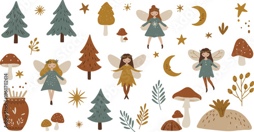 Whimsical illustration of fairies trees mushrooms and nature elements on white background