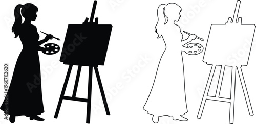 Female artist painting on canvas silhouette and outline illustration with easel palette creative activity hand drawn style isolated background