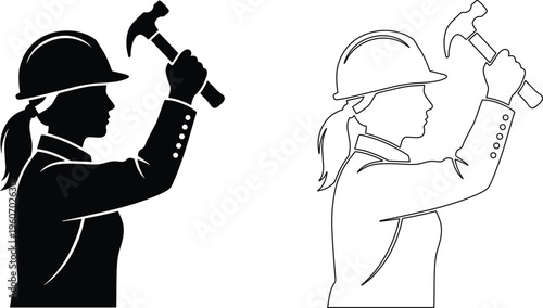 Female construction worker with hammer silhouette and outline illustration industrial labor concept hand drawn style isolated on white background vector