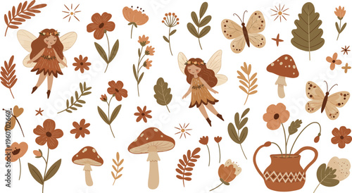 Whimsical illustration of fairies leaves flowers and mushrooms in earthy tones on white background