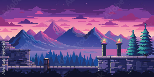 A vibrant digital art illustration featuring a large sunset over a range of purple pyramid mountains
