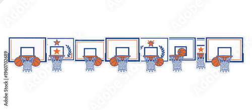 Basketball hoops and backboards illustration set. Championship and playoff sports concept. Vector graphic sticker design isolated on transparent background