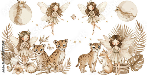 Whimsical illustration of fairies and animals in a fantasy forest setting with foliage and plants