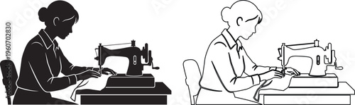 Seamstress working on sewing machine silhouette and outline illustration tailoring fashion design concept hand drawn style isolated background vector