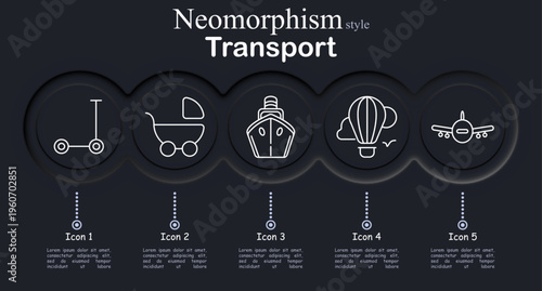 Transport set icon. Neomorphic circular interface line icons with kick scooter vehicle, baby stroller carriage, passenger ship bow, hot air balloon cloud sky, airplane jet aircraft