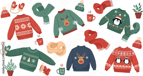 Cozy winter clothing and accessories collection with sweaters scarves hats mugs plants festive holiday vector illustration set