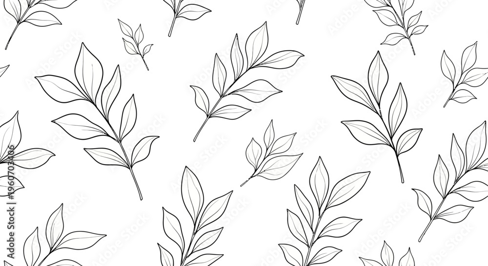 Fototapeta premium Seamless pattern featuring delicate hand-drawn botanical leaf branches in black outline on a clean white background, creating a natural and elegant design.