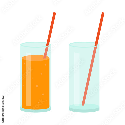 Full and empty orange juice highball glasses with straws. Minimalist vector beverage set for beverage menus, healthy breakfast visuals, and digital content related to hydration and nutrition