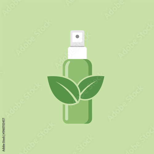 Natural mosquito repellent spray bottle with green leaves icon representing organic pest control and herbal protection from insect bites outdoors.