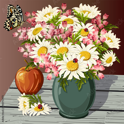 A bouquet of flowers in a vase on a wooden tabletop.Vector illustration with daisies in a vase on a wooden tabletop and on a colored background.