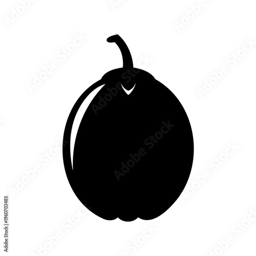 Simple minimalist black silhouette illustration of a pear fruit on white backdrop