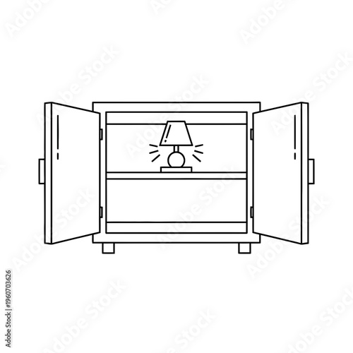 Cabinet with open doors and a lamp inside