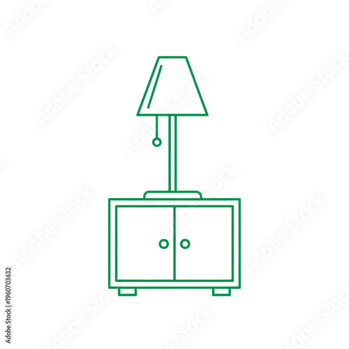 Green line icon of a lamp on a cabinet