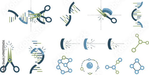 Gene editing and DNA manipulation vector illustration set featuring CRISPR scissors molecular structures genome modification and biotechnology research elements