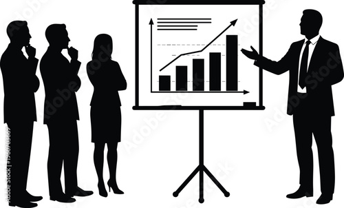Business presentation with bar chart, silhouette team watching leader explain data growth, corporate meeting concept, ideal for marketing visuals.