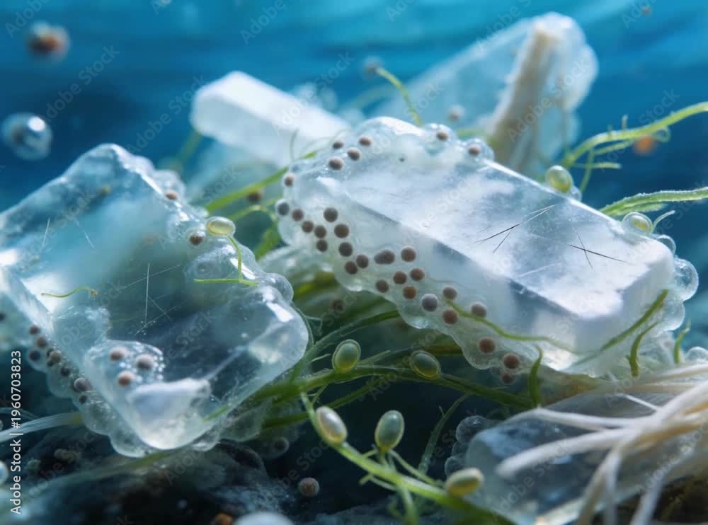 Microscopic view of microplastics in the ocean: biofilms, bacteria, and ...