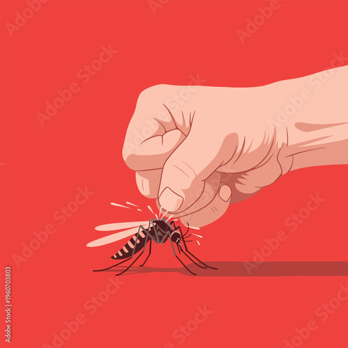 Human hand crushing mosquito on red background vector illustration depicting pest control and protection from stinging insects and tropical disease.