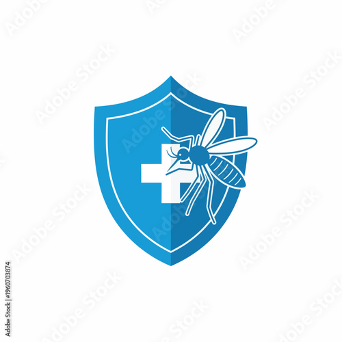 Mosquito mosquito bug insect shield sign icon disease protection anti-mosquito pest control white cross on blue background concept.