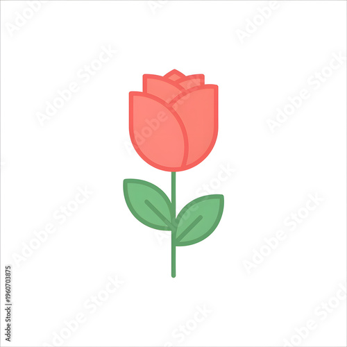 Minimalist Flat Design Single Rose Flower Icon with Soft Coral Pink Color and Green Stem on White Background