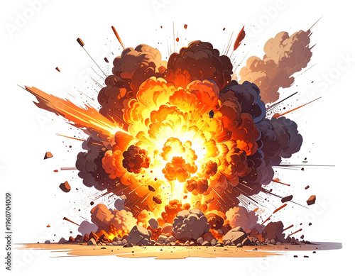 Device cartoon fireball with blazing orange-yellow center and billowing smoke