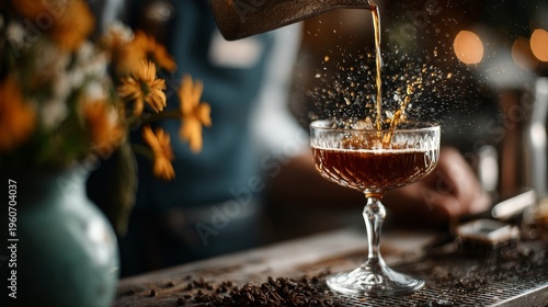 bartender pours amber cocktail into crystal coupe glass while coffee beans scatter on wooden bar and blurred flower vase sits in background