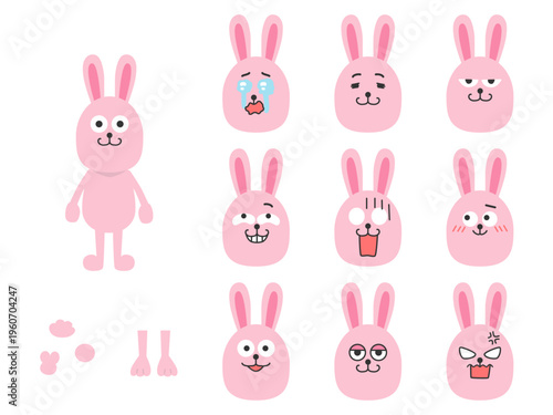 色々な表情のポップでかわいいウサギのイラストセット