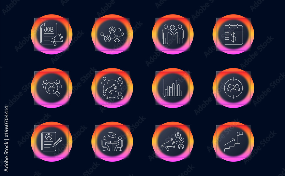 Naklejka premium Human resources management set icon. Linear recruitment hiring analytics collection with job document megaphone, network connection, team handshake, salary calendar, candidate search
