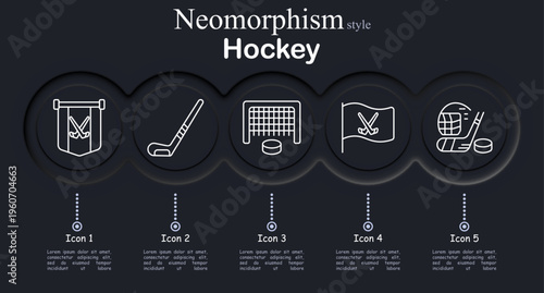 Hockey set icon. Neomorphic circular interface line icons with crossed sticks banner emblem, hockey stick club, goal net puck, crossed sticks flag symbol, helmet stick puck gear.