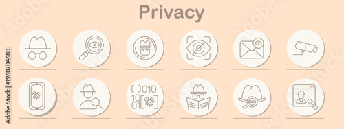 Privacy set icon. Line symbols depict hat glasses disguise, magnifier eye, masked user, hidden eye, sealed mail, surveillance camera, mobile spy, search user, binary code, reader disguise