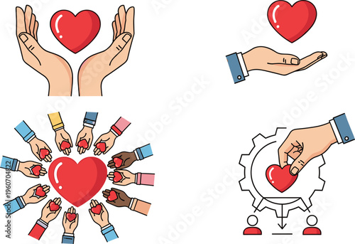 Professional Medical Healthcare and Community Charity Icon Set Featuring Hands with Hearts and Teamwork Collaboration Symbols Transparent Background PNG