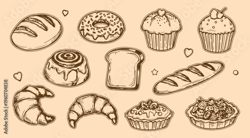 Foto Set of bakery icons hand-drawn vector illustration of baked goods isolated