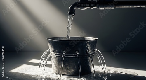 Leaking metal bucket under water tap, concept of resource waste and inefficiency, water flowing through holes in a rustic pail with dramatic lighting